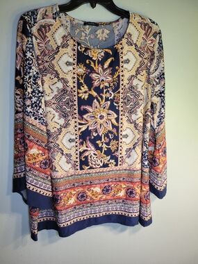 Cocomo Navy Floral Paisley Panel Long-Sleeve Tunic